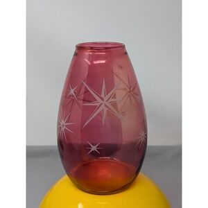 Vtg Mid Century Bartlett Collins Red Glass Vase Metallic Gold Starbursts 7"